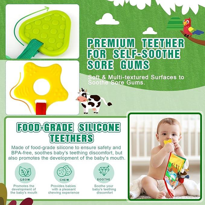 Soft Baby Book - Baby Toy - Newborn Boys Girls Shower Gift - Tummy Time Toy for Infant 0-6 6-12 Months - Touch and Feel Sensory Crinkle Book with Teether for Toddler