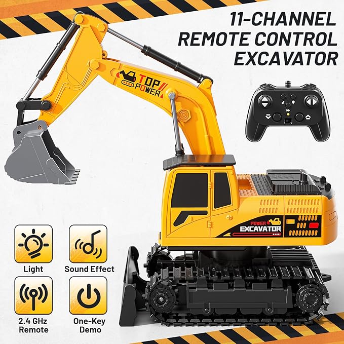 Remote Control Excavator Toys for Boys Age 6-12, 11CH 2.4Ghz RC Sand Digger with Metal Shovel Lights/Sounds, Construction Truck Toys for Boys 3 4 5 6 7 8 9 10 11 12 Year Old Kids