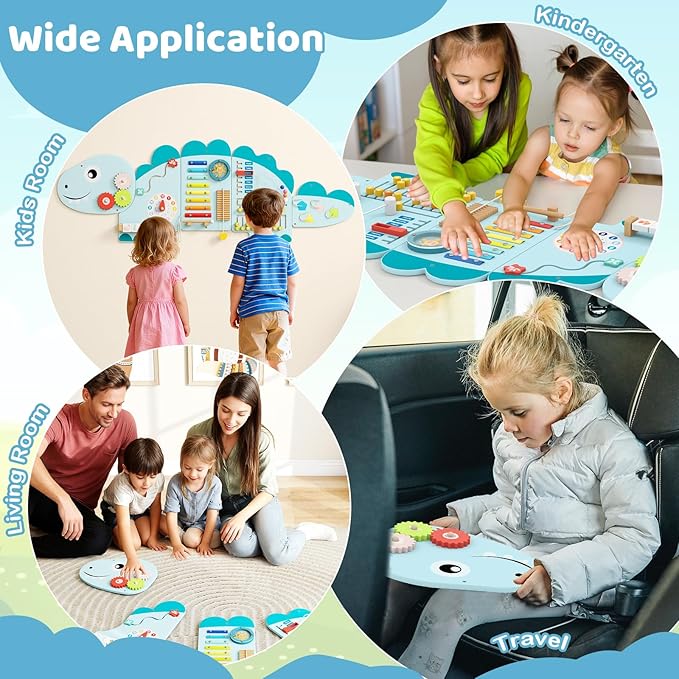 GLACER Dinosaur Wall Busy Board Panels, 11-in-1 Wooden Learning Activity Center for Early Education, Wall-Mounted Montessori Sensory Toddler Toys for Playroom, Daycare, Nursery (Blue)
