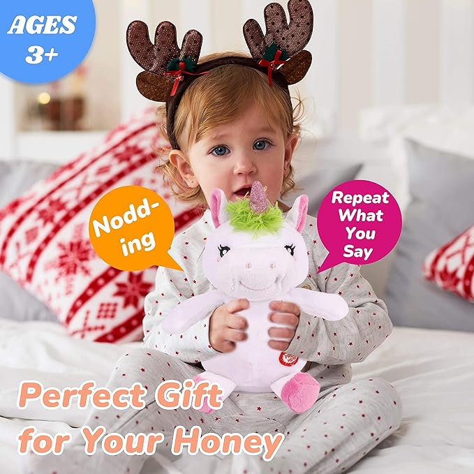 Hopearl Talking Unicorn Repeats What You Say Nodding Electric Interactive Animated Toy Speaking Plush Buddy Birthday Festival for Toddlers, 7.5''