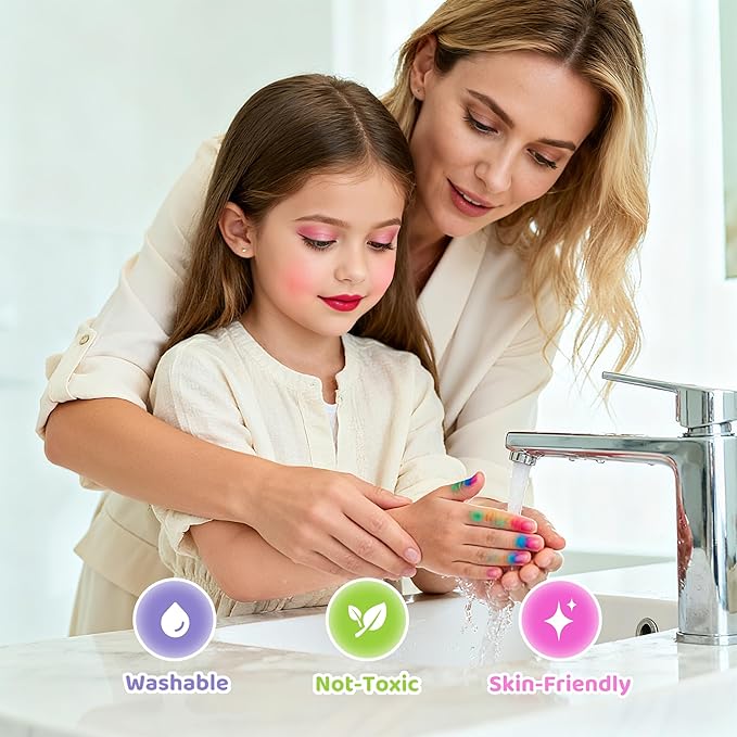 PERRYHOME Kids Makeup Set for Girls, 63 Pcs Washable Non-Toxic Real Cosmetic Toddler Makeup Kit, Unicorn Princess Play Makeup Toys Birthday Gifts, Dress up Time Girl Toys for 3 4 5 6 7 8 9 10 11 12