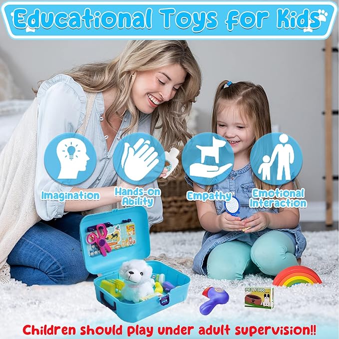 TEUVO Pet Care Playset, 16Pcs Kids Doctor Kit with Plush Dog & Backpack for Dog Grooming & Feeding, Pet Doctor Pretend Play Toys for 3 4 5 6 7 Years Old Girls Boys Birthday