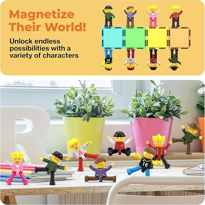 PicassoTiles Magnetic Tiles Compatible 8pc Character Action Figures Arms Legs Move in Different Directions Magnet Tile Toddler Picasso Add On Set Educational Toddlers Toy Pretend Play Ages 3+ PTA03