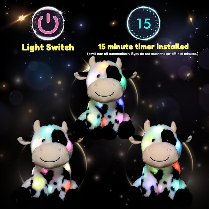 Hopearl LED Plush Smile Cow Light up Stuffed Animal Diary Cattle Floppy Night Lights Glow in The Dark Birthday Festival for Kids Toddler Girls, 11''