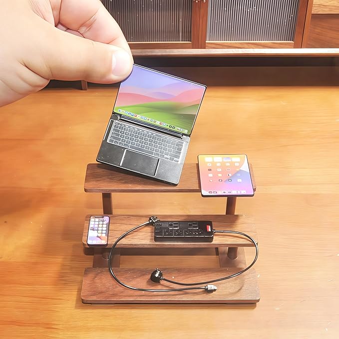 Miniature Electronics Set for Dollhouses: 1:6 Scale Metal Smartphone, Tablet, Laptop & Socket - Doll Accessory Compatible with 1:12 Scale Miniatures - 5 Color Variants (Black)