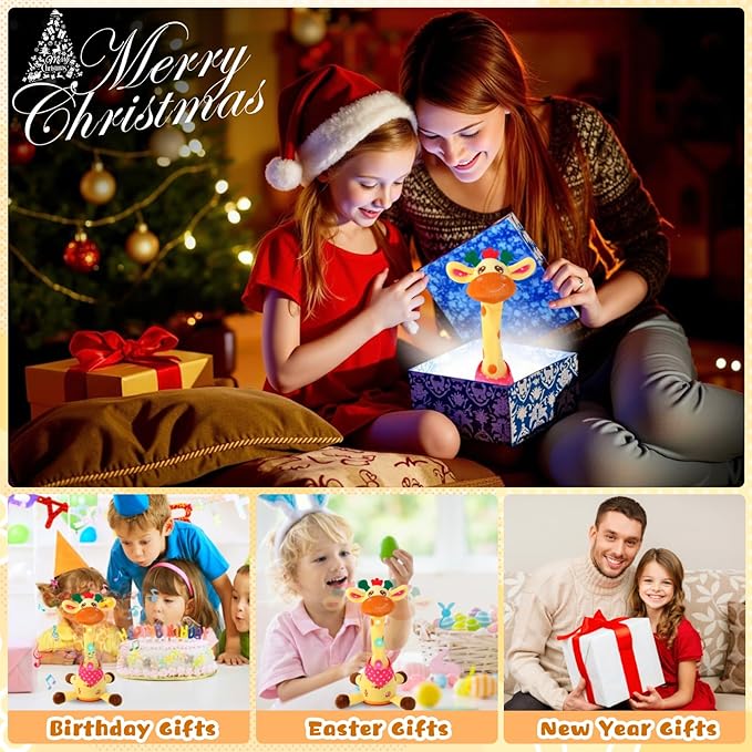 JISONCASE Christmas Talking Dancing Giraffe Baby Toy, Adjustable Volume Tummy Time Toy Repeating What You Say, Singing Mimicking Recording Sensory Education Gifts for Toddlers Boy Girls