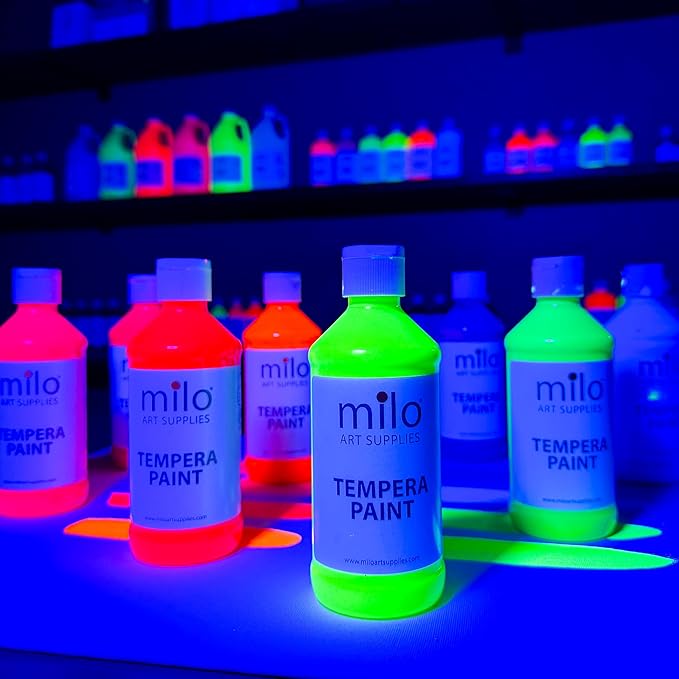 milo Fluorescent Neon Washable Paint for Kids | 8 oz Bottles 8 Colors | Made in the USA | Glows UV in Black Light | Safe & Non-Toxic Tempera Paint for Art & Craft, Poster, Window, for Children, Toddler, Classroom, School