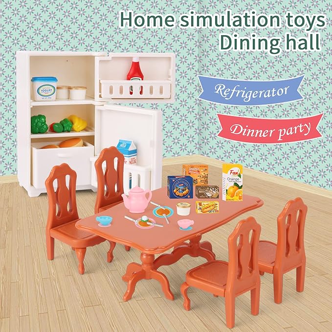Dollhouse Furniture Set for Kids Toys Miniature Doll House Accessories Pretend Play Toys for Boys Girls & Toddlers Age 3+ with The Dining Room