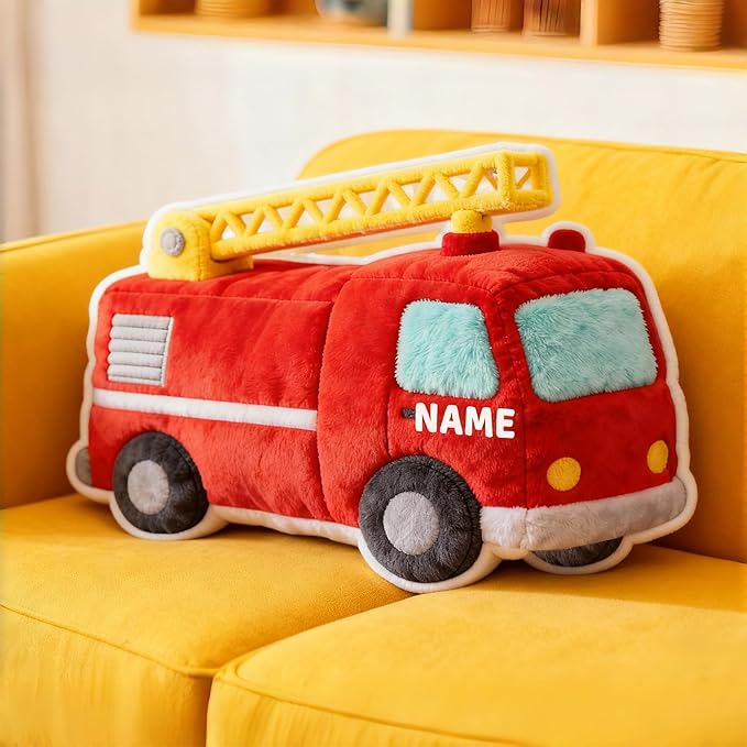Custom Fire Truck Shaped Pillow Cute Personalized Name Plush Doll, Double-Sided Construction Engineering Vehicle Pillow for Kids, Birthday gifts for Boys and Girls Sofa Decorative Pillows 8-32in