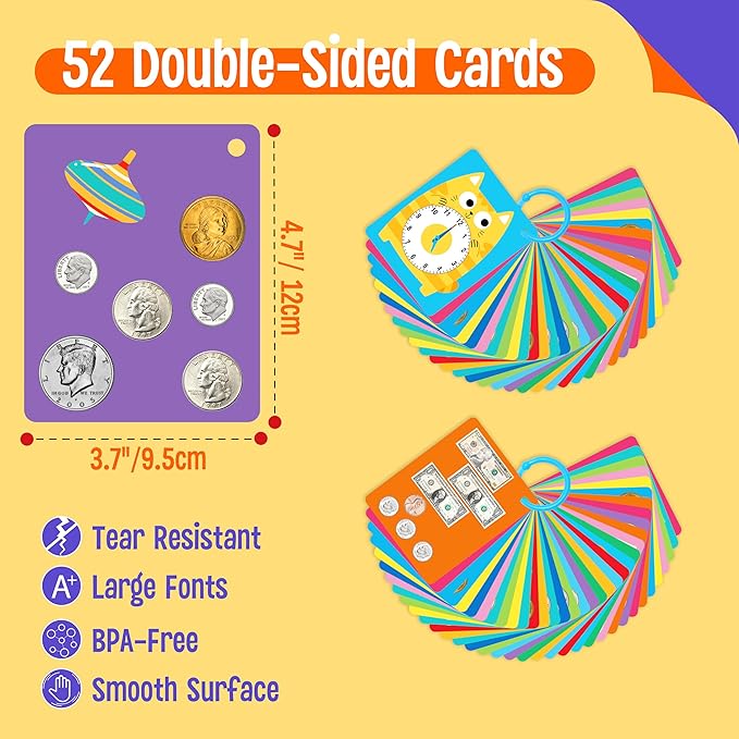 52 PCS Time & Money Flashcards, Double Sided Cognition Cards-Coin Value, Coin Combinations, Counting Coins, Telling Time, Reading Clocks, Learning Tool for Kids Ages 6+ Kindergarten Toddlers