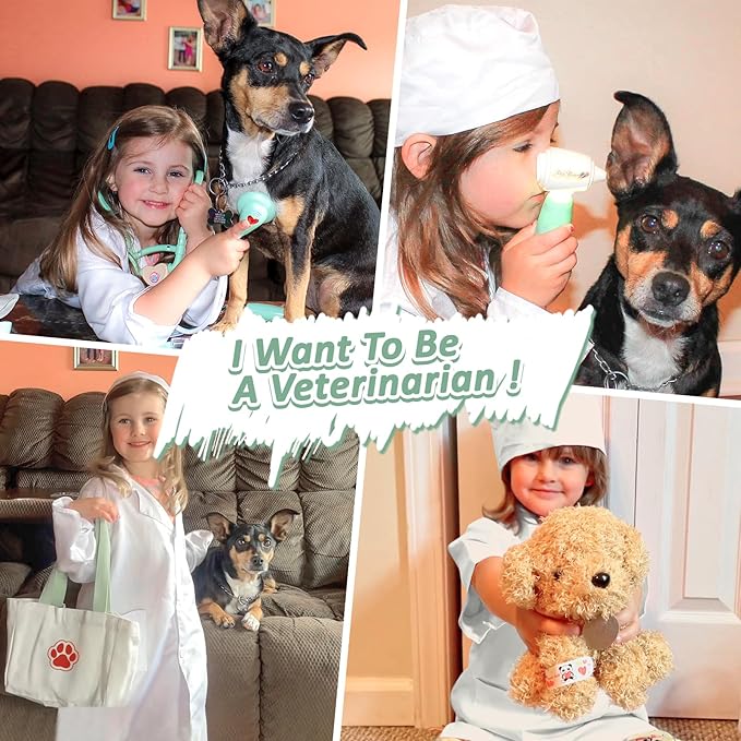 Liberry Doctor Kit for Toddlers 3 4 5 6 Years Old, 26 Pcs Kids Doctor Playset with Dog Toy, Stethoscope and Dress Up Costume, Pretend Play Medical Christmas Gift for Boys Girls (Green)