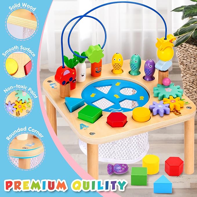 wingyz Activity Table, 6 in 1 Wooden Montessori Activity Center with Bead Maze Shape Sorter Fishing Game, Kids Sensory Play Table Toddler Toys 1st Birthday Gifts Boy Girl