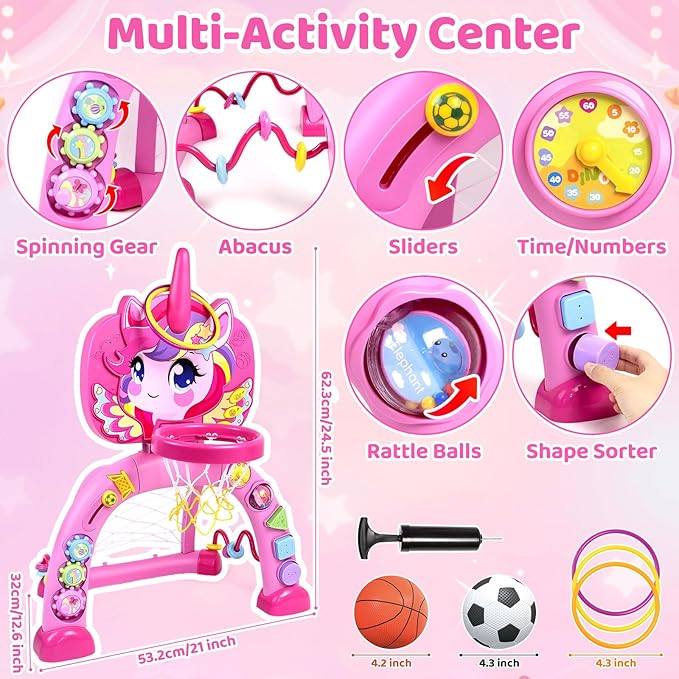 Marstone Toys for 1 Year Old Girl Gifts: Toddler Basketball Hoop and Soccer Goal with Sound and Music, Educational Sport Toys for Kids 1-3, 1st First 12-18 Month Birthday Present