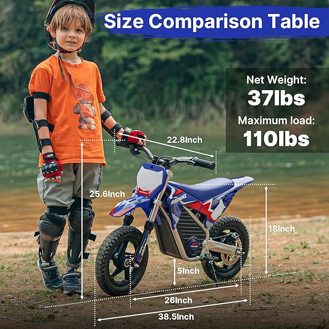 Electric Dirt Bike for Boys Girls Ages 3-6, 150W High Racing Competition Grade Motorcycle, Up to 8MPH 2 Speed Settings Balance Bike, 12IN Off-Road Tires & Advanced Shock Absorption, Blue
