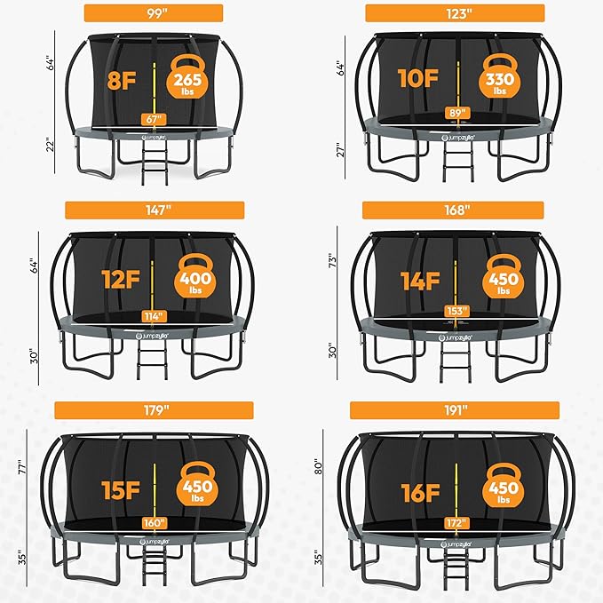 JUMPZYLLA Trampoline Outdoor 8FT 10FT 12FT 14FT 15FT 16FT with Enclosure and Ladder, ASTM Approved Recreational Trampoline for Kids and Adults, Anti-Rust Coated Frame