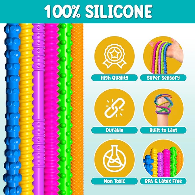 BUNMO Stocking Stuffers for Kids - Stretchy Sensory Strings - Sensory Toys for Kids - Toddler Stocking Stuffers - Hours of Fun - Sensorial Worms - 6 Pack