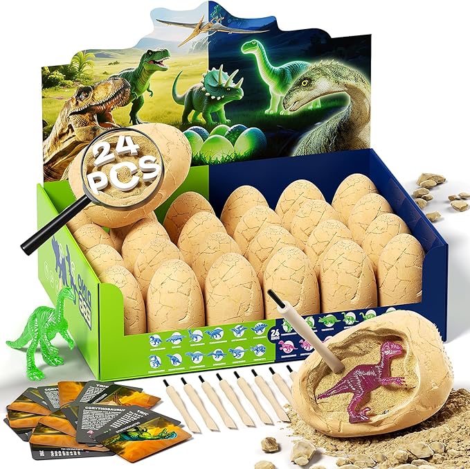 24 Glow in The Dark Dinosaur Eggs, Dig Kit Toys for Kids, Surprise Dinosaur Eggs Excavation Kit with Magnifier, STEM Birthday Party Favor Gifts for Boys Girls Age 3 4 5 6 7 8 9 10 + Years Old