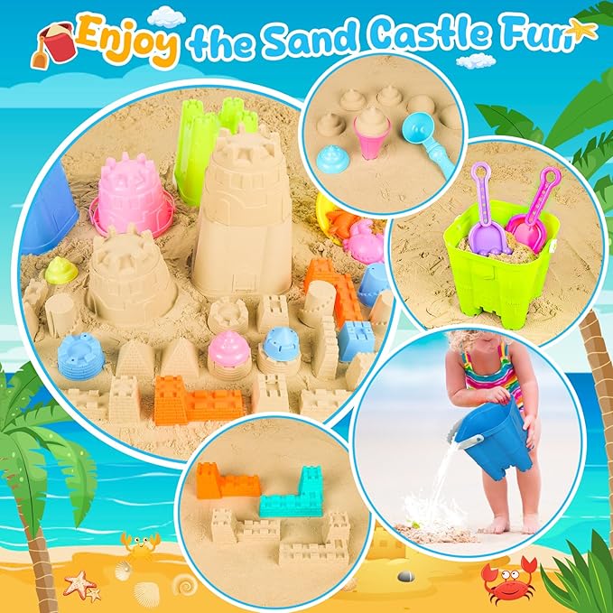 Beach Toys for Kids Toddlers, Sand Castle Toys with 4 Sand Bucket and Shovels, Mesh Bag & Molds, Ice Cream Travel Sandbox for Beach Sandbox for Toddlers Kids Baby Boys Girls Age 3-10