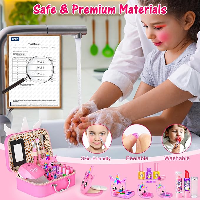 Kids Makeup Kit for Girl - 2 in 1 Kids Washable Makeup Toys & Nail Art Kit with Nail Dryer and Storage Case, Real Girl Makeup Set Birthday Gifts Toys for 3 -12 Year Old Girls, Pink