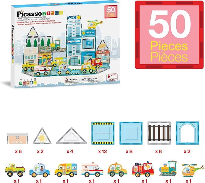 PicassoTiles Metro City Hospital Magnetic Tile Building Set with 8 Vehicles and Figures Educational Magnet Blocks Construction for Kids Age 3 Plus STEM Role Play Town Imagination Learning Toy PTQ14