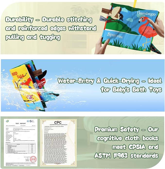 Baby Books Toys 0-12 Months with Teether,Tummy Time Crinkle Sensory Toys,High Contrast Touch & Feel Soft Book, Early Learning Infant Toys,Shower Gift for Boys Girls (Flying Animals)