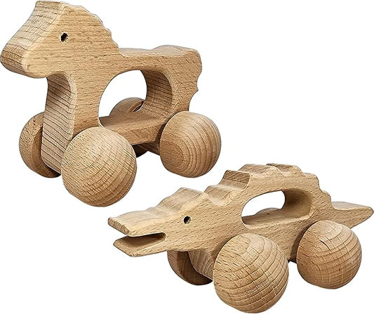 Adventure Awaits! Wooden Animal Rattle Toy Set for Toddlers & Preschoolers | Horse & Alligator Crocodile Wheeled Push and Pull Car 2 Pack