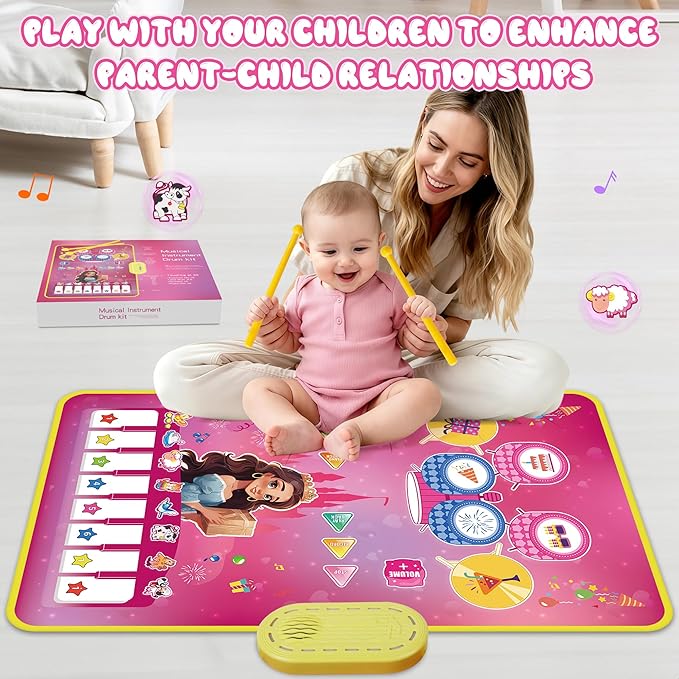 Piano Mat Toddler Baby Girl Toys, 3-in-1 Piano Drum Kids Musical Play Mat Infant Music Toys 12-36 Months, Baby Birthday Gifts Early Learning Toy for 1 2 3 Years Old Boy Girls