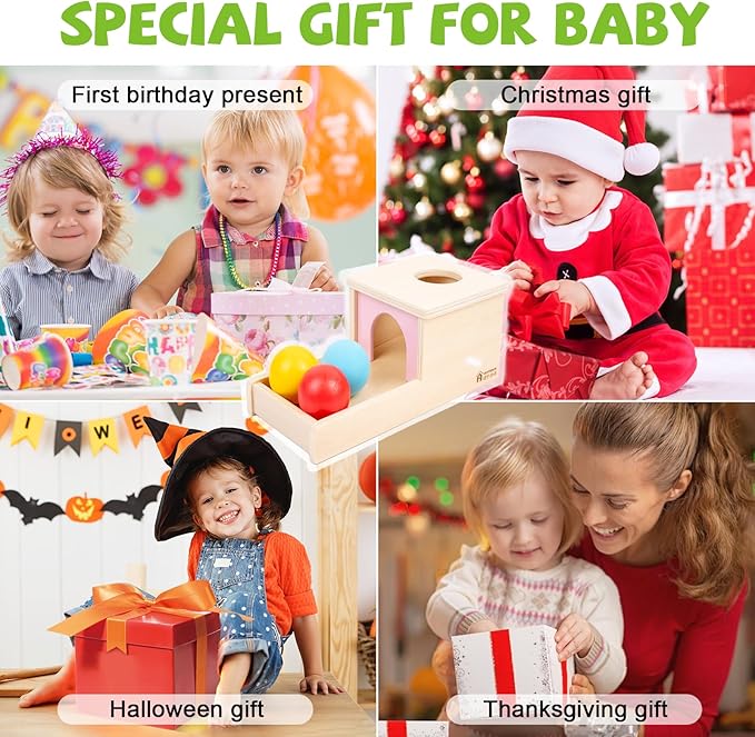 Adena Montessori Object Permanence Box with Tray Three Balls Montessori Toys for 6-12 Months Baby 1 Year Old Infant Toddler Wooden Pink Door for Girl