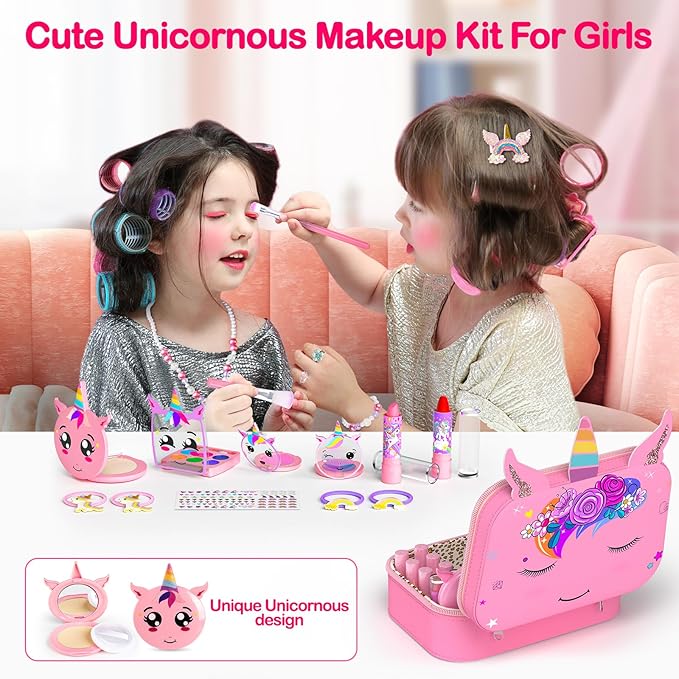 Kids Makeup Kit for Girl - 2 in 1 Kids Washable Makeup Toys & Nail Art Kit with Nail Dryer and Storage Case, Real Girl Makeup Set Birthday Gifts Toys for 3 -12 Year Old Girls, Dark Pink