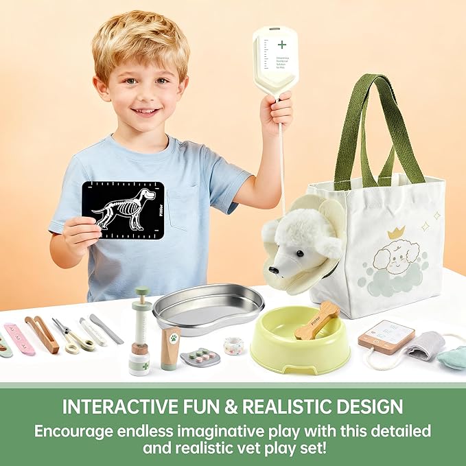 Wooden Doctor Kit for Kids Toddlers, Vet Play Set, Pretend Play Veterinarian Set, Doctor Toys Gift for Boys Girls 3 4 5 6