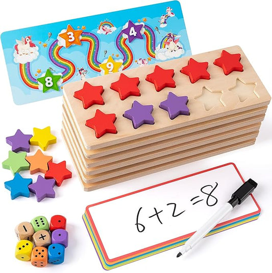 SYNARRY Wooden Ten-Frame Set Math Manipulatives for Kindergarten Classroom Elementary 1st 2nd Grade, Montessori Toys Gifts for 3-8, Addition and Subtraction Counters Math Games for Kids Ages 6-8