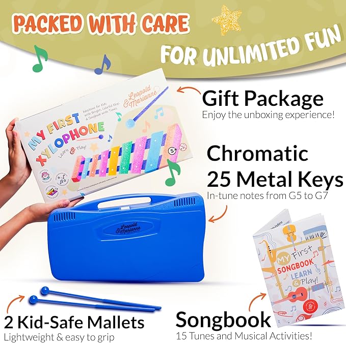 Leopold & Marianne | Xylophone for Kids Ages 5-9 | Kids Musical Instrument | Glockenspiel 25 Notes Chromatic | Color Metal Keys | Music Book Included, Play-Along Videos, Blue Carry Plastic Case