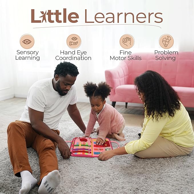 Montessori Busy Board Book, Toddlers, Sensory Activities and Preschool Learning - Toy for Home, Airplane and Car Travel (Pink)