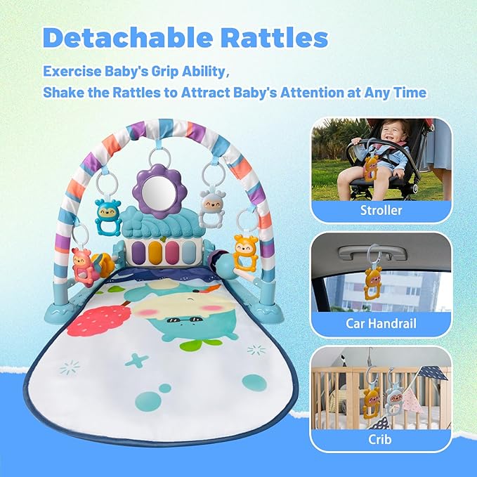 Baby Tummy Time Play Mat, Kick and Play Piano with Music and Light, Activity Gym Center for Newborn Babies Infants Boys Girls 0-3-6-9-12 Months (Blue)