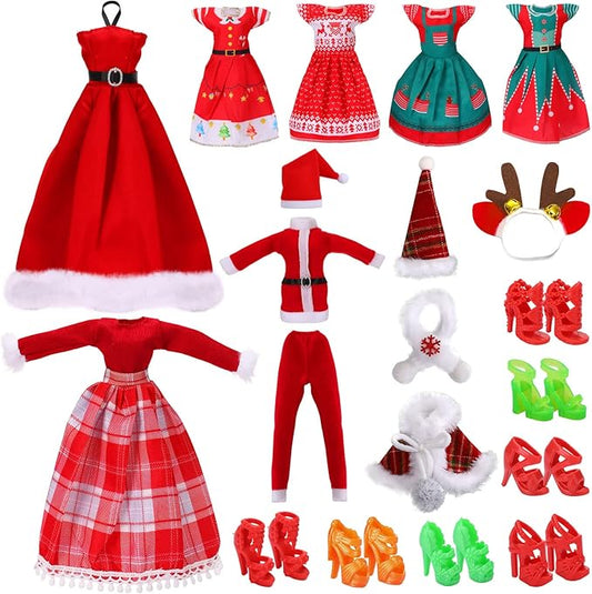 JANYUN Christmas Doll Clothes and Accessories,Doll Clothes Sets Party Dresses Outfits Xmas Gift Costumes Doll Shoes for Christmas Party Favors Girl Gift(Dolls not Included)