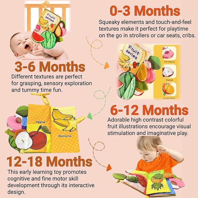 Baby Books 0-6 to 12 Months, Infant Soft Cloth Tummy Time Toys for Babies 0-3-4-5-7-8-9, Christmas Newborn Girl Boy Gifts Crinkle Touch Feel Sensory Fruit Book for Car Seat Stocking Stuffers