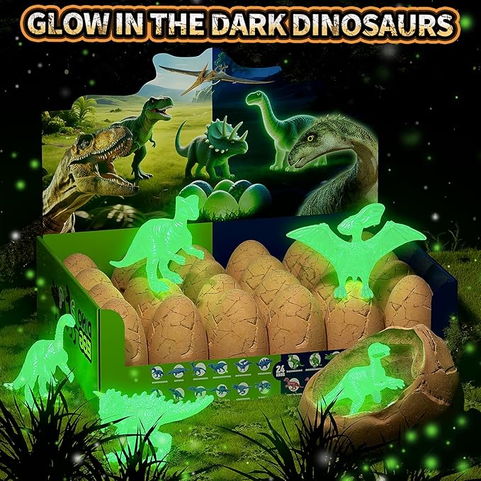 24 Glow in The Dark Dinosaur Eggs, Dig Kit Toys for Kids, Surprise Dinosaur Eggs Excavation Kit with Magnifier, STEM Birthday Party Favor Gifts for Boys Girls Age 3 4 5 6 7 8 9 10 + Years Old