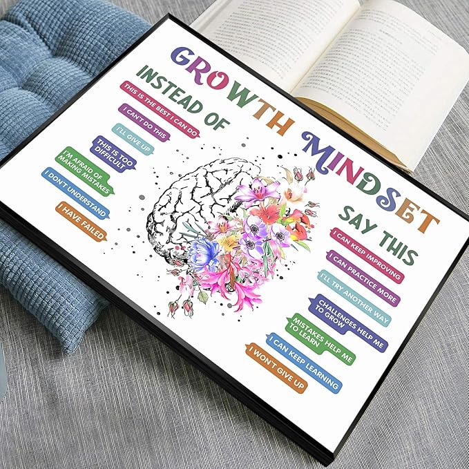 uoyien Classroom Growth Mindset Affirmations for Kids Mental Health Posters Brain Poster Psychology Special Education Calm Corner Wall Art Office Therapy Canvas Wall Decor Prints 12x16in Metal Framed