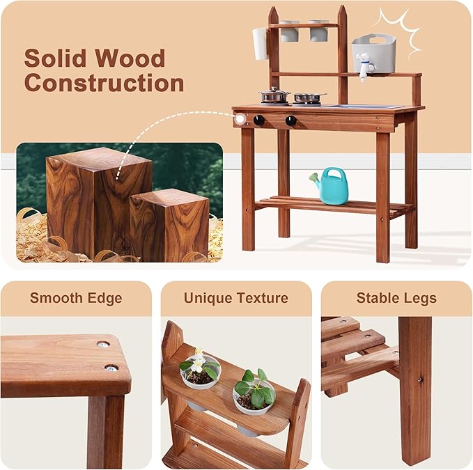 ROBOTIME Mud Kitchen for Kids Outdoor, Wooden Kids Kitchen Playset, Outdoor Play Kitchen with Removable Sink, Faucet, Cooking Accessories, Stove, Fun Backyard Outdoor Kitchen for Boys Girls 3+