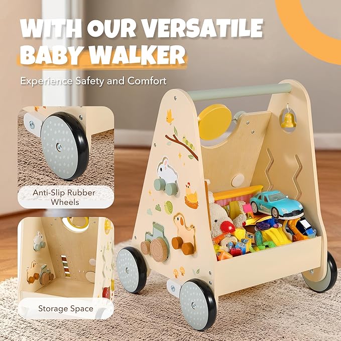 Wooden Baby Push Walker, Baby Walker with Activity Center for Girls Boys, Montessori Sensory Push Toys for Babies Learning to Walk & Sit-to-Stand