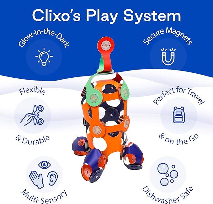 Clixo Mars Station Pack - 48 Magnetic Pieces in 14 Shapes. Flexible STEM Building Glow-in-The-Dark Set with All-Terrain Wheels & Galactic Adventure. Build Rovers, Spaceships & Labs. Ages 6+