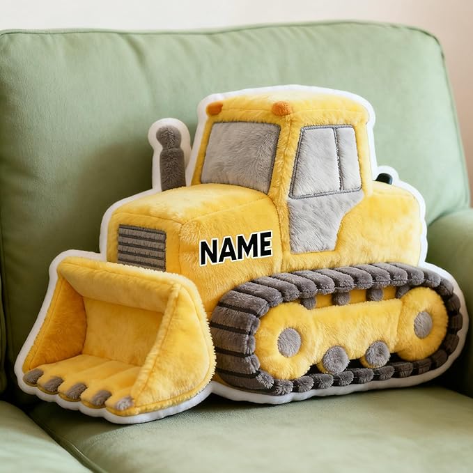 Custom Bulldozer Shaped Pillow Cute Personalized Name Plush Doll, Double-Sided Construction Engineering Vehicle Pillow for Kids, Birthday gifts for Boys and Girls Sofa Decorative Pillows 8-32in