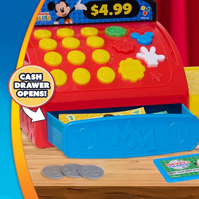 Disney Jr. Mickey Mouse Clubhouse Cash Register with Sounds, Phrases, and Pretend Play Money, 10-Pieces, Holiday Stocking Stuffers, Gifts, Presents, Ages 3 and Up by Just Play