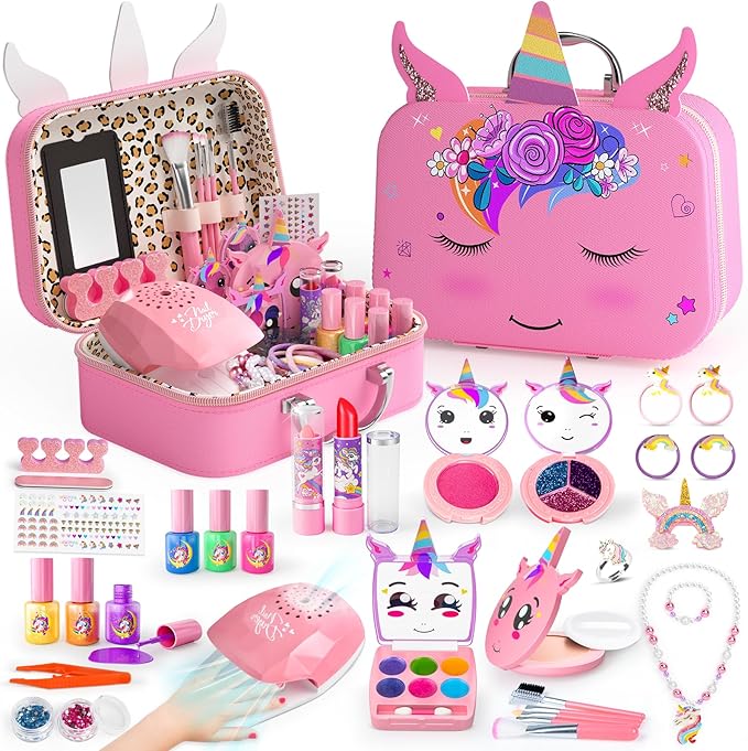 Kids Makeup Kit for Girl - 2 in 1 Kids Washable Makeup Toys & Nail Art Kit with Nail Dryer and Storage Case, Real Girl Makeup Set Birthday Gifts Toys for 3 -12 Year Old Girls, Light Pink