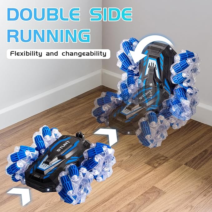 Remote Control Car, 2.4 Ghz 4WD Gesture Sensing RC Stunt Car, Double Sided 360° flip, with Cool Lights and Music, Birthday Present Toys Car for Boys SND Girls Aged 5-12 (Blue)