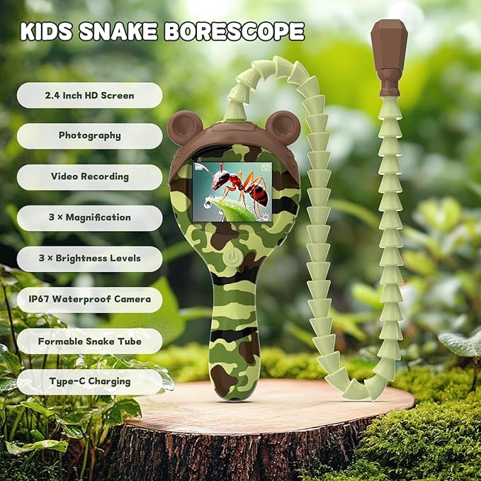 Borescope Camera Toy with Photo and Video, Snake Scope Kids Camera Microscope with Light for Outdoor Camping Nature Exploration, STEM Science Toy for Boys Girls 4 5 6 7 8 9 Christmas Birthday Present