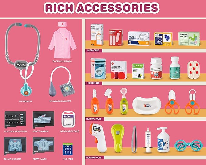 Doctor Kit for Toddlers - Deluxe Pretend Play Medical Cart Toy Set with Stethoscope ,Thermometer,Doctor Costume & Carry Bag - Educational Role Play Gift for Kids Boys & Girls Ages 3 4 5（Pink）