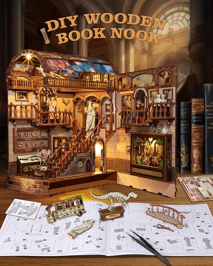 Quanquer DIY Book Nook Kit：DIY Dollhouse Booknook with LED Light - 3D Wooden Puzzle Miniature House Kits - Creative DIY Crafts for Adults - Bookshelf Insert Decor - Gifts Friends Festival(Museum)