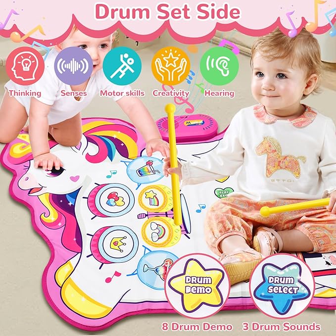 Cyiecw 3-in-1 Unicorn Musical Mat, Piano Drum Play Mat Unicorn Gifts for 1 2 3 Year Old Girls, Sensory Early Educational Musical Learning Toys for Baby Boys, Birthday Gift for Toddlers 1-5 Years Old