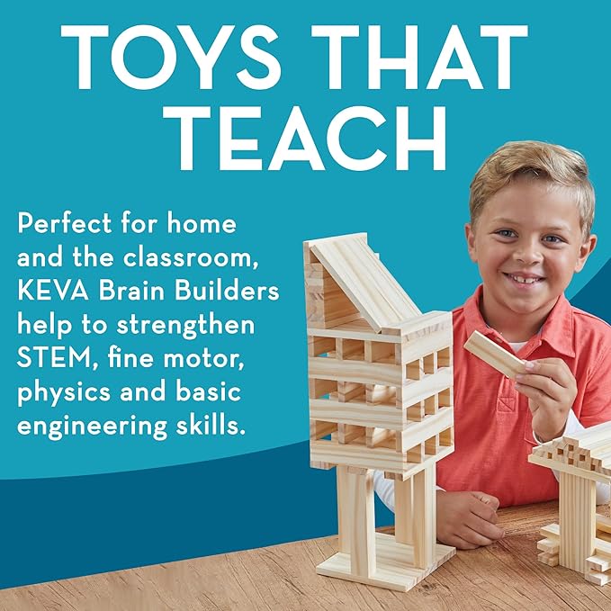MindWare Keva Brain Builders Deluxe: STEM Building Toy Includes 75 KEVA Planks, 40 Puzzle Cards, 8 Design Cards, 3D Building Skills for Kids - Ages 7+